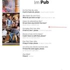 Texte: Im Pub; Ein Pint Pale Ale, bitte. Bilder: Bar mit Barmann und Gästen, auf Stühlen sitzend. Hund am Boden.