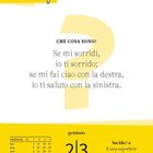 Text: "CHE COSA SONO? Se mi sorridi, io ti sorrido; se mi fai ciao con la destra, io ti saluto con la sinistra."  
Kalender mit gelben Details, 2./3. Januar, Samstag/Sonntag.
