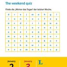 "The weekend quiz", "Finde die ‚Wörter des Tages‘ der letzten Woche." Buchstabengitter. "January 2 Saturday", "January 3 Sunday".