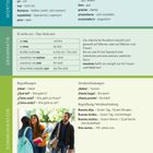 Dies ist eine Lehrbuchseite mit spanischen Vokabeln und Grammatik. Unten ein Foto von drei fröhlichen Studenten im Freien.