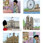 Sechs Illustrationen. Texte: Sehenswürdigkeiten in London, London Eye, Buckingham Palace, Westminster Abbey, Tower of London.