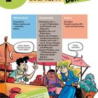 Logo "Mercator bonus". Vokabeln und Grammatik-Details. Zwei Personen im Gespräch auf einem belebten Markt in einer Illustration.