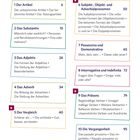 Inhaltsverzeichnis mit Themen: Artikel, Substantiv, Adjektiv, Adverb, Vergleich, Pronomen, Possessiva, Interrogativa, Präsens, Vergangenheit.
