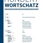 Texte: "HUNDERT WORTSCHATZ", "sí - ja", "no - nein", "el - der", "la - die", "los - die", "las - die", "un - ein", "una - eine", "este - dieser", "esta - diese", "estos - diese", "estas - diese", "esto - das". Liste von spanischen Artikeln und Pronomen mit deutscher Übersetzung auf weißem Hintergrund mit blauem Rand.
