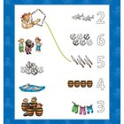 Zahlen von 2 bis 6 neben Haifischen, Ankern, Messern, Fässern und Wäsche. Ein Pirat jongliert mit Messern.