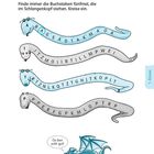 "Buchstabenschlangen: Finde die Buchstaben fünfmal, die im Schlangenkopf stehen. Kreise ein." Illustrationen von Schlangen und ein Drache mit Sprechblase "Du bist echt gut!"