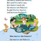 Texte: "Die Sonne strahlt am Himmel", "Was machen die Freunde?" Darunter drei Auswahlmöglichkeiten: 1. Pichnick, 2. Picknick, 3. Pickmich.

Illustration: Drei Freunde sitzen auf einer Wiese beim Picknick, umgeben von Tieren.