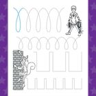 Übungsblätter für das Zeichnen von Linien, mit einer Person in Rüstung und einer Person, die eine Wand hochklettert.