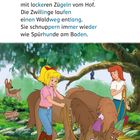 Text: "Bibi und Tina führen die Ponys mit lockeren Zügeln vom Hof." Zwei Mädchen mit Ponys auf Waldweg, im Hintergrund Waldtiere.