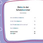 Inhaltsverzeichnis mit Titeln und Seitenzahlen. Lila Hintergrund mit Herzen, Sternen und Hufeisen als Muster.