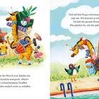 Links: Ein Hirsch lädt zum Spielen ein, aber Gundula lehnt als beladene Giraffe ab. Rechts: Pingu will schwimmen, Giraffe überladen.