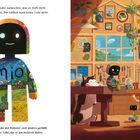 Ein farbenfroher Roboter lächelt in einer Werkstatt. Ein Kind, eine Person und Tiere umgeben ihn in einer gemütlichen Szene.