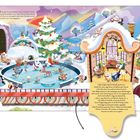 Ein gelber Textblock vor winterlicher Illustration: Tiere im Schnee, einige plantschen in einem Pool, Berge im Hintergrund.