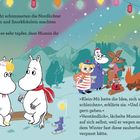 Texte über Nordlichter, Mumin, Snorkfräulein. Figuren am Lagerfeuer, Laternen, Berge. Illustration von Charakteren im Schnee.
