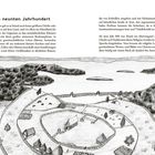 Titel: "Irland im neunten Jahrhundert". Text beschreibt das Fehlen größerer Dörfer. Illustration eines frühen irischen Klosters.