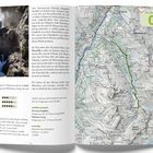 Dein Raus-Moment 01. Kultur ●●●●○ Landschaft ●●●●● Familie ●●●●●. Bild eines Wasserfalls und Karte der Region Davos.