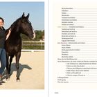 Inhaltsverzeichnis mit Kapiteln zu Pferdetraining. Links steht eine Frau neben einem dunklen Pferd auf einem Reitplatz.