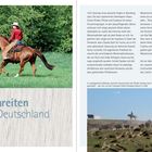 "Westernreiten in Deutschland" ist der Titel. Ein Reiter in rotem Hemd sitzt auf einem braunen Pferd auf einer grünen Wiese. Es gibt zwei Textblöcke über die Geschichte des Westernreitens in Deutschland. Rechts unten treiben Reiter Rinderherden in einer staubigen Landschaft.