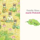 Familie Maus macht Picknick. Illustration von Mäusen auf einer Wiese mit Blumen und einem Frosch auf einem Blatt.