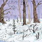 Winterliche Illustration eines Waldes. Schneebedeckte Bäume, Fußspuren im Schnee und ein lila Himmel.