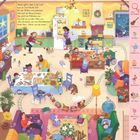 Ein gemütliches Wohnzimmer voller Menschen beim Plätzchenbacken, mit einer Liste von Gegenständen zum Suchen: Gitarre, Maus, Gießkanne, Teekessel, Nussknacker, Hund, Weihnachtskugel, Uhr.