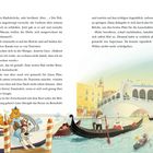 Eine Geschichte mit Tieren, die ein Boot steuern. Im Hintergrund die Rialtobrücke mit vielen Touristen. Venedig-Szene.