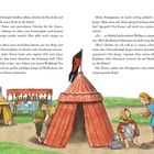 Ein Junge im Wappenrock schimpft einen Diener vor einem roten Zelt an. Beide halten Rüstungsteile. Im Hintergrund zwei Zelte.