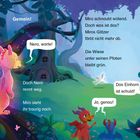 Texte: „Gemein!“, „Nera, warte!“, „Doch Nera rennt weg.“, „Miro sieht ihr traurig nach.“, „Miro schnaubt wütend.“, „Doch was ist das?“, „Miros Glitzer färbt nicht mehr ab.“, „Die Wiese unter seinen Pfoten bleibt grün.“, „Das Einhorn ist schuld!“, „Ja, genau!“. 

Illustration: Bunte Drachen in einer Waldlandschaft.
