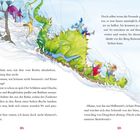 Text auf den Seiten 104 und 105 erzählt von einer rasanten Schlittenfahrt mit Drachen. Illustration mit bunten Figuren im Schnee.