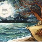Texte: „In einem alten, windschiefen, knorrigen Baum...“, „lebte eine kleine Maus.“ Illustration: Baum an stürmischem Meer.