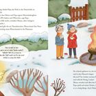 Text: „Später am Nachmittag zündet Papa das Holz in der Feuerschale an…“. Illustration einer Familie im Schnee mit Feuerschale.