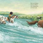 Lauf, mein Pony, schneller, hopp! Durch das Wasser im Galopp. Haar und Mähne weh'n im Wind. Oh, wie glücklich wir doch sind! Drei Kinder reiten lachend auf Ponys durch einen Fluss.