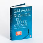 „SALMAN RUSHDIE, DIE ELFTE STUNDE, FÜNF ERZÄHLUNGEN“. Blaues Cover, kleine Figur und „SPIEGEL Bestseller-Autor“-Hinweis.