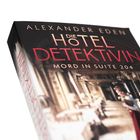 Der Text lautet: „ALEXANDER EDEN, DIE HOTEL DETEKTIVIN, MORD IN SUITE 204“. Es zeigt unscharfe Innenszenerie.