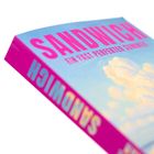 "SANDWICH: Ein fast perfekter Sommer" in pinkem Text auf blauem Hintergrund mit Wolken.