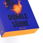 Text: "DUNKLE SÜHNE", "THRILLER". Illustration: Brennendes Haus in Blau und Orange.