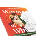 "Warm in Winter", "MALSTUNDEN FÜR DIE KALTE JAHRESZEIT". Illustration von einem Paar mit einem Hund, umgeben von Lichterketten.