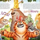 Text: "1, 2, 3, LOS!", "SUPERKRAFT!". Tiere lächeln und wirken fröhlich: ein Tiger, Löwe, Bär, Faultier, Schildkröte, und andere.