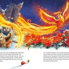 Eine Eule und eine Maus beobachten einen leuchtenden Phönix, der an roten Weihnachtssternen vorbeifliegt. Fantasievolle Szene.