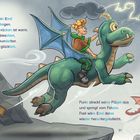 Ein Junge reitet glücklich auf einem grünen Drachen durch den Himmel, während Blitze hinter Wolken leuchten.