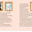 Links: "POLDI", braunes Alpaka. Mitte: "COCO", weißes Alpaka. Rechts: "OLGA", braun-weißes Alpaka. Rosa Hintergrund mit Blumen.