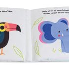 Ein Kinderbuch mit einem Tukan, Elefanten und einem Schmetterling. Farbenfrohe Illustrationen.