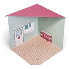 Illustration eines Zimmers mit Holzboden, Tür mit Herzmotiv, Fenster und pinkem Dach.