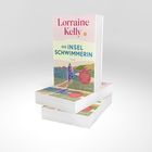 Text: "Lorraine Kelly, Die Insel Schwimmerin, Roman". Bunte Illustration einer Landschaft mit Wasser und einer Person am Ufer.