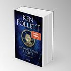 Text: "Ken Follett, Die Waffen des Lichts, Historischer Roman, SPIEGEL Bestseller". 
Ein blaues Buchcover mit Zahnrad-Illustration.