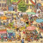 Oben: „Marktcafé“. Links: „Alles Käse!“. Szene: Ein belebter Marktplatz mit Ständen, Menschen und Tieren im Freien.