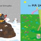 Links: "Der MAULWURF hat Schnupfen." Maulwurf im Schnee mit Tee. Rechts: "Der MAULWURF liebt Tupfen." Maulwurf malt im Grünen.
