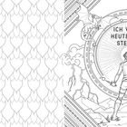 "ICH WERDE HEUTE NICHT STERBEN." Eine Person hält Messer, umgeben von zwei Drachen und Bergen. Links: Muster aus Blättern.
