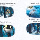 Letzten Winter bin ich nachts losgetapft... Wir haben im Fluss Sterne geangelt... Hochachtungsvoll, Monster. Vier Illustrationen: 1. Waldhütte, 2. Flussfischen, 3. Baumwipfel-Schaukeln, 4. Monster im Wald mit bunten Insekten.