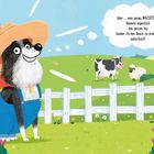 "TA-DA! Super-Flo ist schon da!" steht auf einem roten Umhang. Ein fröhlicher Hund mit Strohhut und Latzhose vor einem Bauernhof.